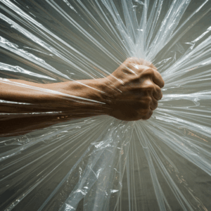 Hand breaking through plastic barrier