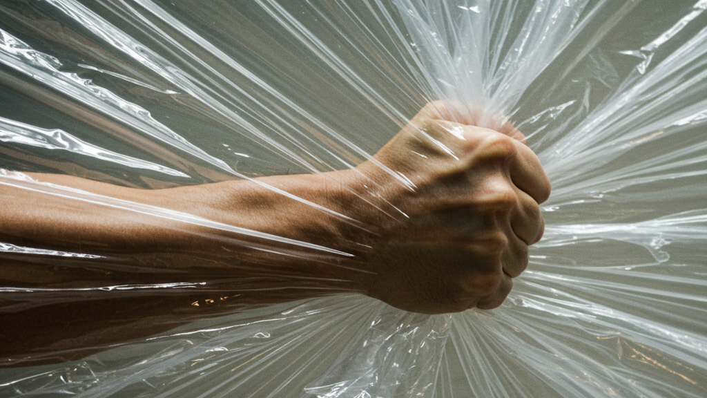 A human arm and clenched fist are tightly wrapped in clear plastic, creating radiating lines and wrinkles. The scene symbolizes overcoming restriction to truly "walk this way" forward. The lighting highlights the sheen and folds of the plastic.