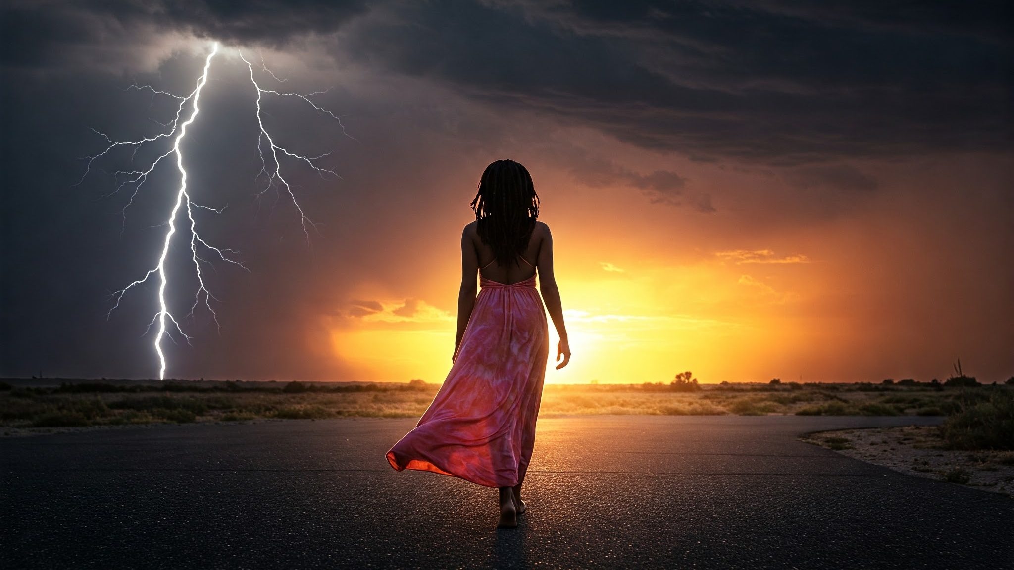A woman in a flowing pink dress walks away from the viewer on a road or path. This scene captures the journey of resilience found in "I Will Survive." In the background, a dramatic sky features a bright lightning bolt striking down on the left, and a vivid orange and yellow sunset on the right, indicating a storm and sunset occurring simultaneously.