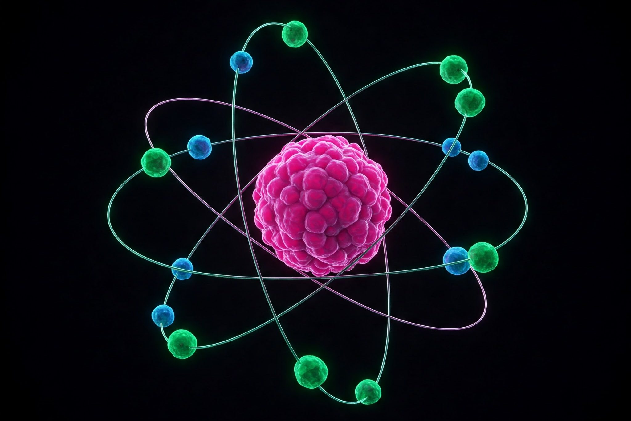 
A vibrant 3D rendering of an atom against a black background. A textured, bumpy pink nucleus is at the center, surrounded by multiple glowing green and blue spheres representing electrons, orbiting on distinct, illuminated paths.