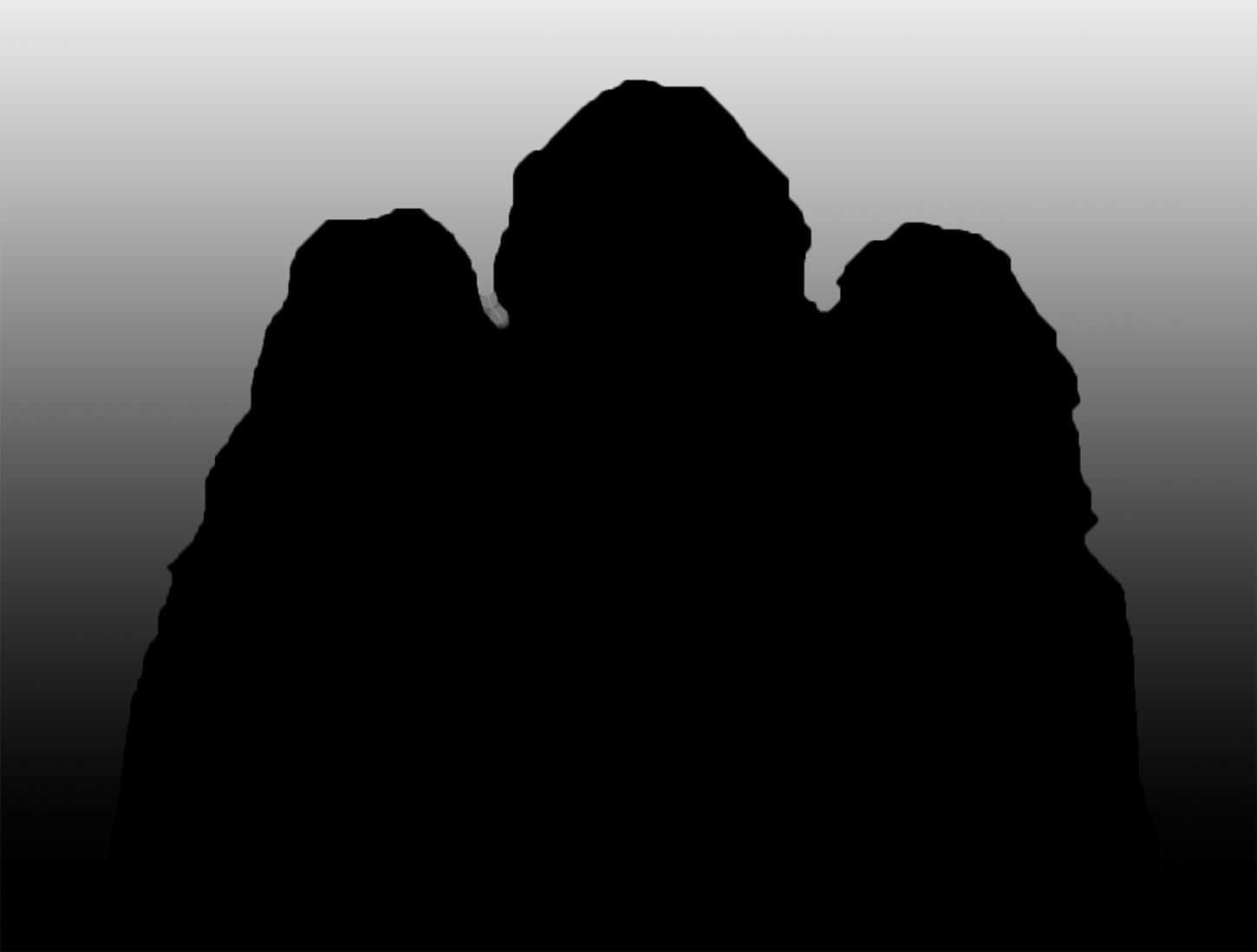 A stark black silhouette of three figures, resembling the iconic shot from Queen's "Bohemian Rhapsody" music video, stands against a graduated gray background that fades from light at the top to dark at the bottom.