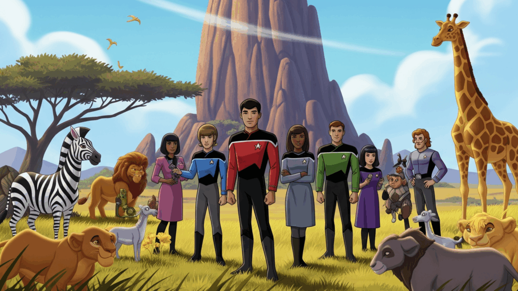A group of diverse animated characters in Starfleet uniforms stand in a savanna landscape, surrounded by various wild animals including lions, a giraffe, a zebra, and an elephant. In the background, a large, distinctive rock formation rises.

This scene captures the spirit of a "Star Trek Voyager Hakuna Matata parody" perfectly.