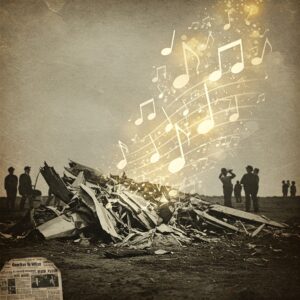 Musical notes rising from debris.