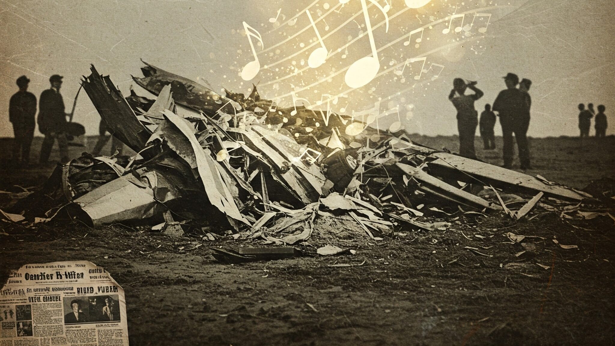 The image is a stylized, monochromatic representation of the 1959 plane crash, reminiscent of vintage newspaper illustrations. It subtly depicts the grieving nation in the background, with musical notes rising from the crash site to symbolize the unifying and comforting effect of the song, "American Pie."