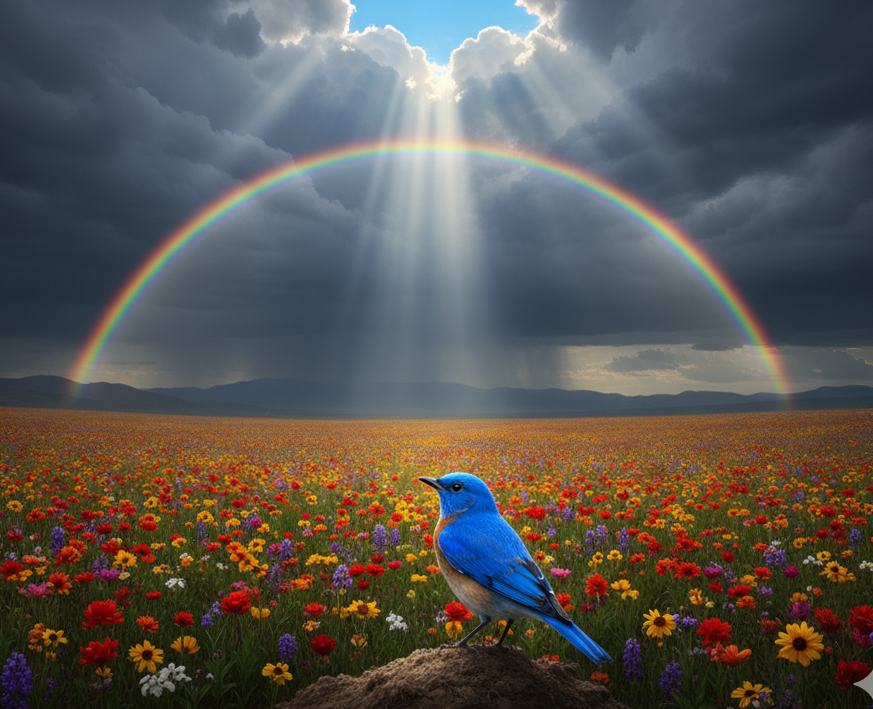 A vibrant bluebird perches on a mound in a field of colorful wildflowers. Above, a bright rainbow arches under a break in dark, stormy clouds from which sunbeams shine down.